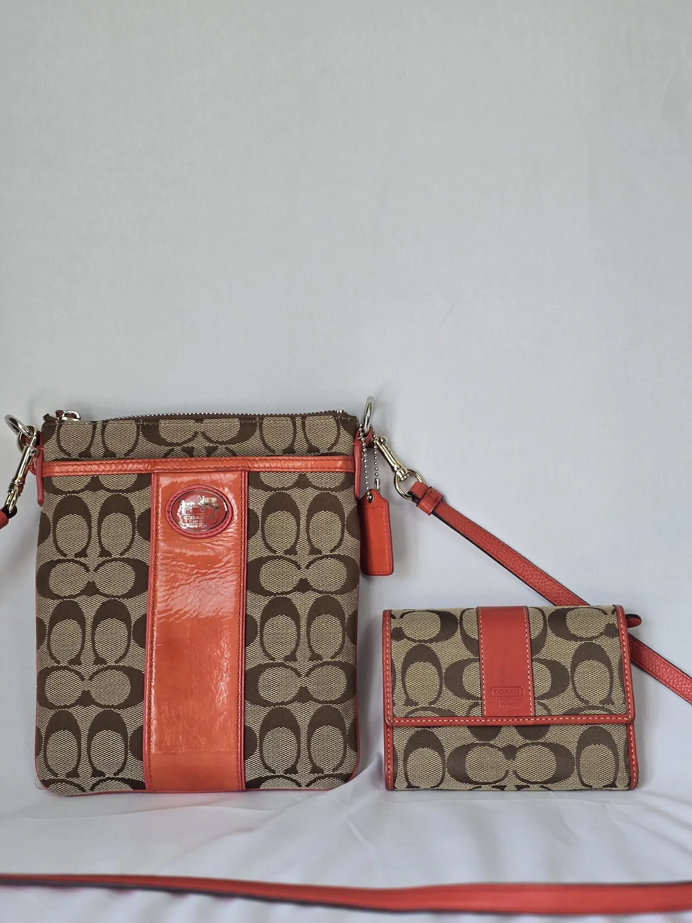 Coach Brown Signature Canvas Crossbody with Coral Trim and Matching Wallet